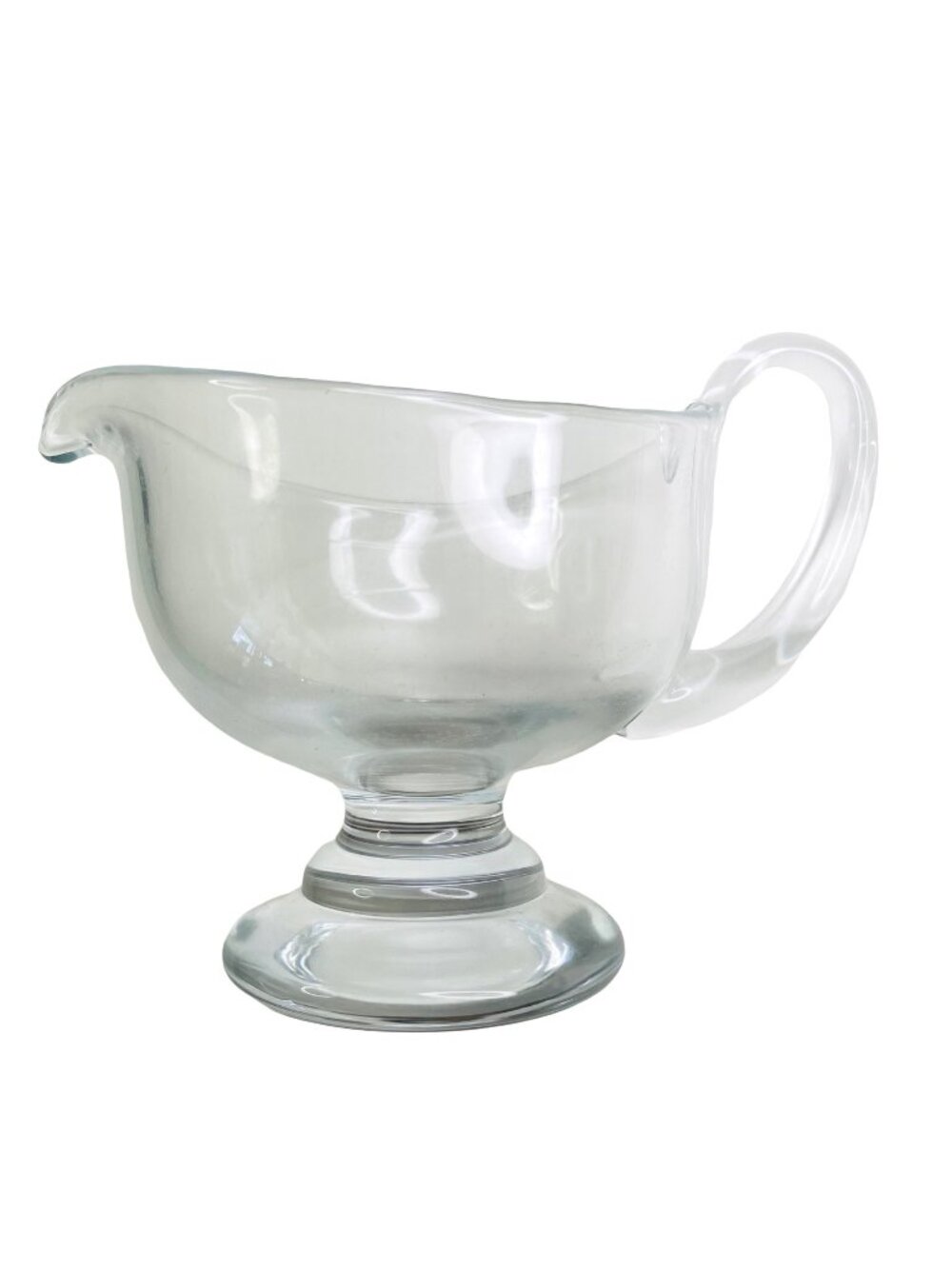 Vintage Heavy Clear Blown Glass Pedestal Gravy Sauce Boat Syrup Pitcher 6" x 8"